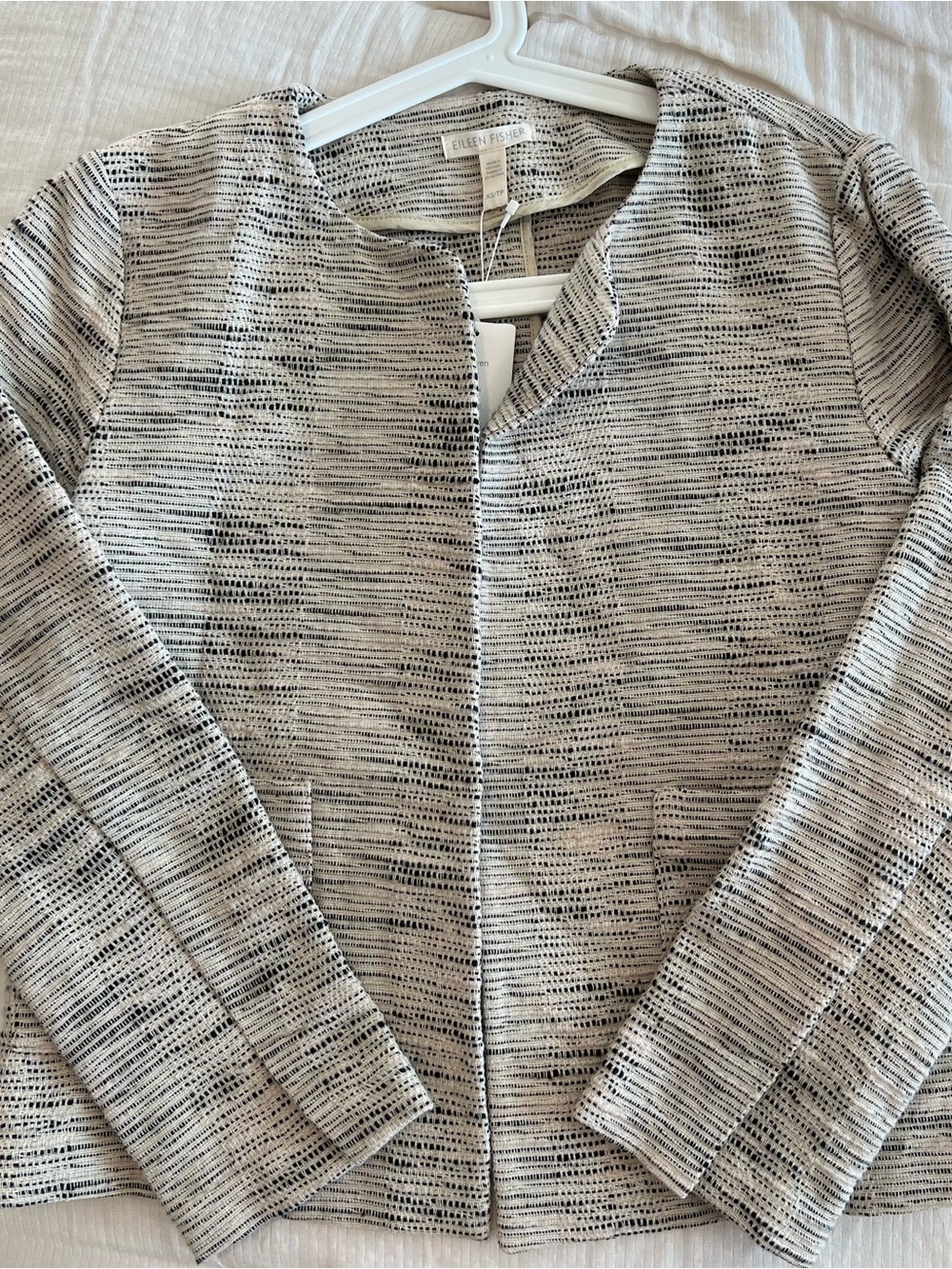 Eileen Fisher Black and Cream Textured Open Blazer